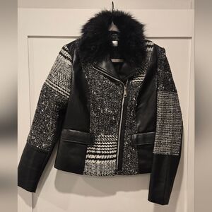 Venus Faux Leather/Fur Patchwork Coat, Black & White, Size 8